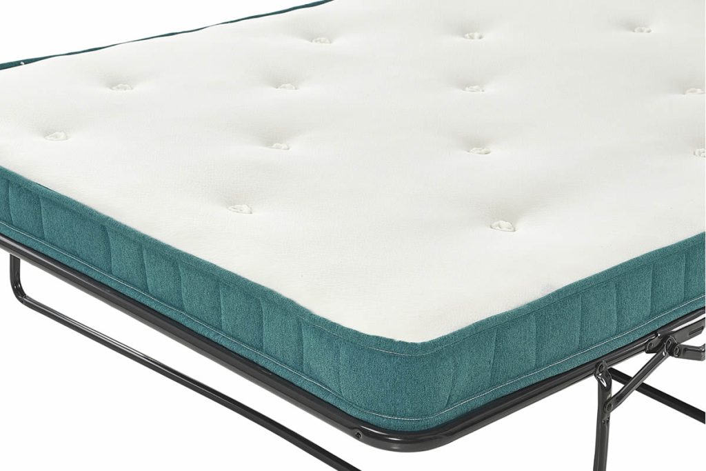 MyBedFrames memory foam sofa bed mattress, corner and teal border on the frame