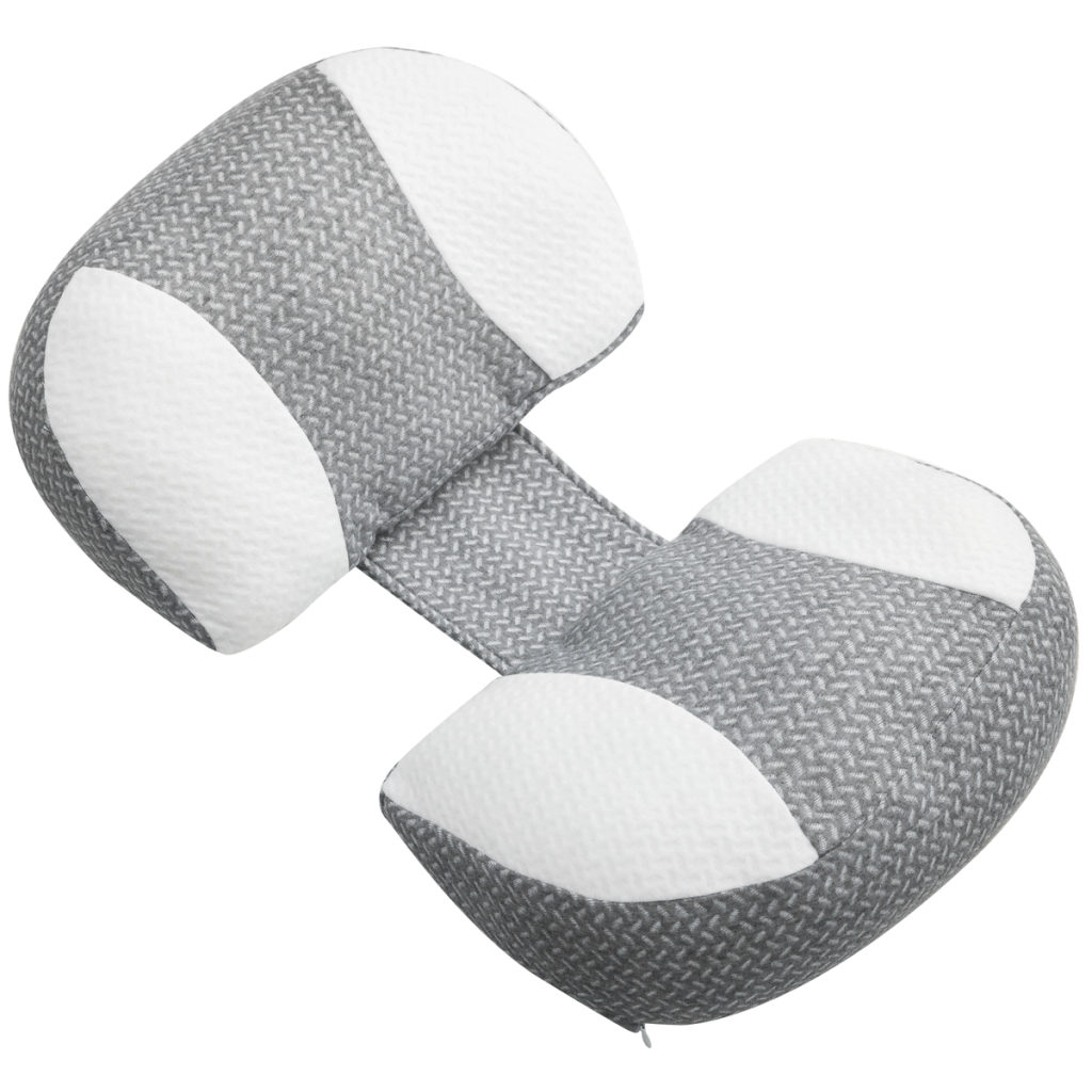 Momcozy pregnancy wedge pillow Plus with a grey and white two-tone cover