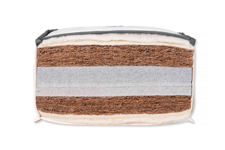 Naturalmat Mohair Mattress cross-section showing coir, natural latex and wool layers