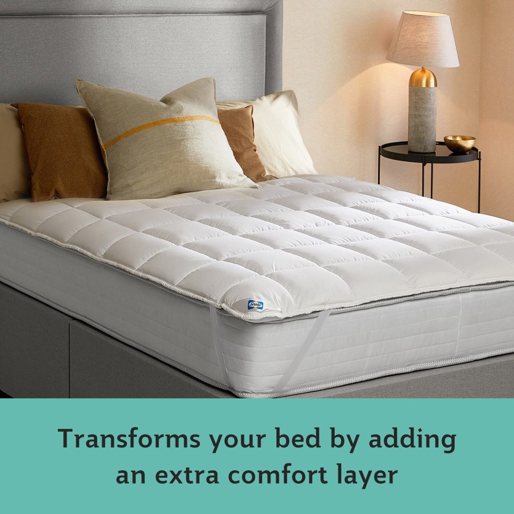 Sealy Anti-Allergy topper on a bed with a caption about the extra comfort layer