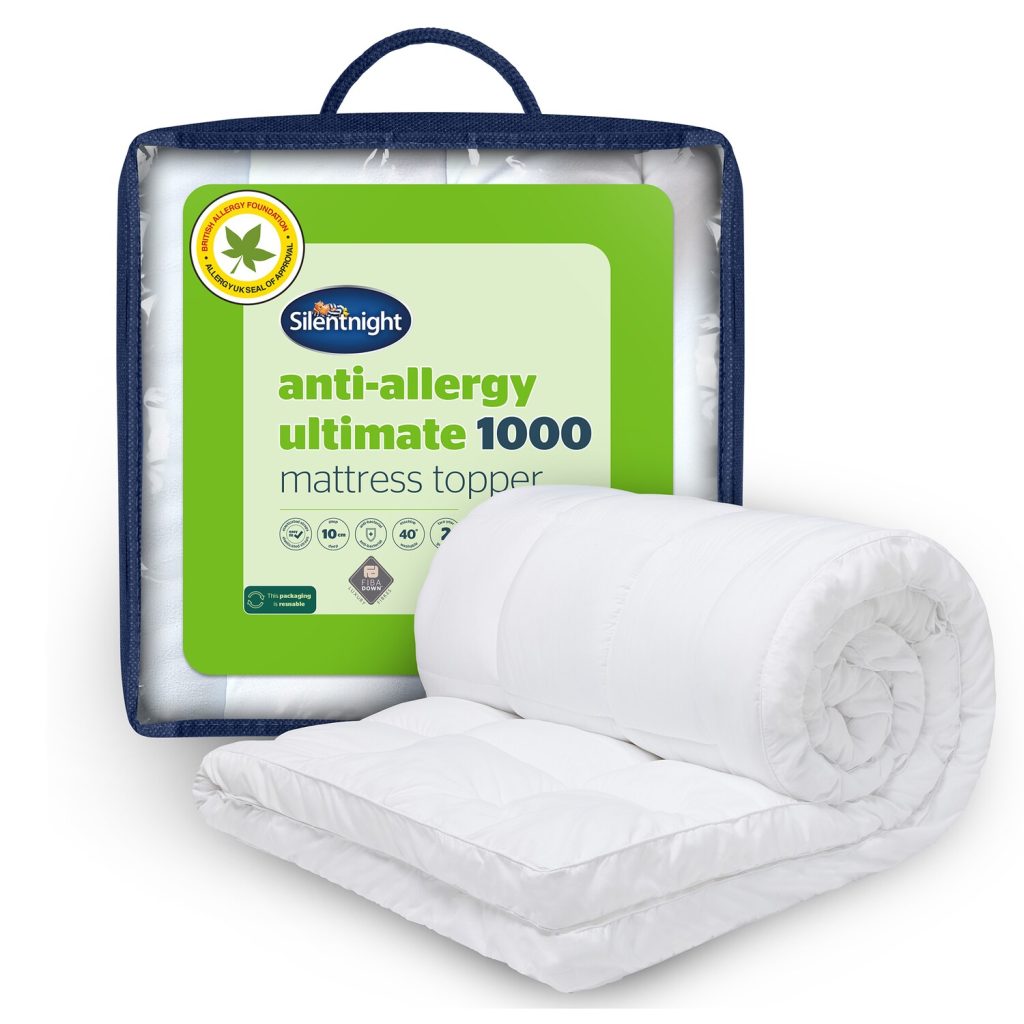 Silentnight Anti-Allergy Ultimate 1000 mattress topper rolled beside its carry bag