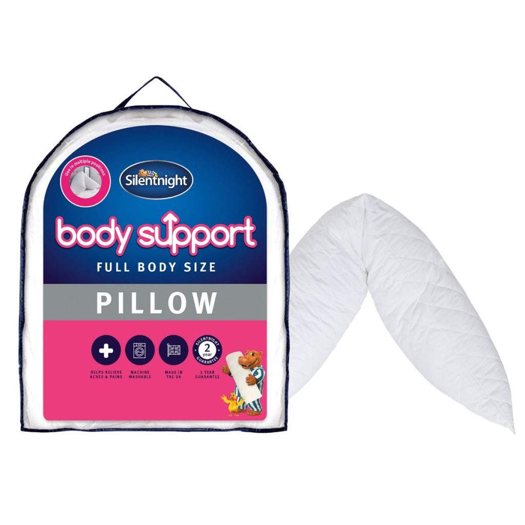 Silentnight Body Support Pillow next to its pink and blue retail packaging