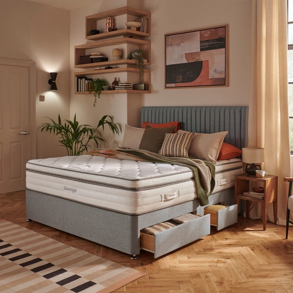 Silentnight ThermaCool Memory 2500 Divan Set in pebble grey with drawers open