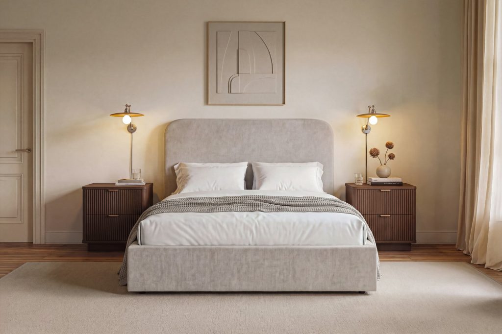 Simba Alderley Ottoman Bed in Light Stone chenille, front view in a bright bedroom