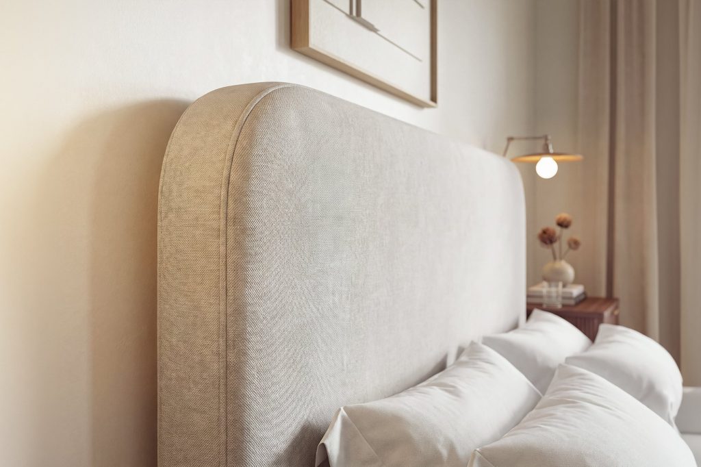 Simba Alderley Ottoman Bed, close-up of the rounded chenille headboard