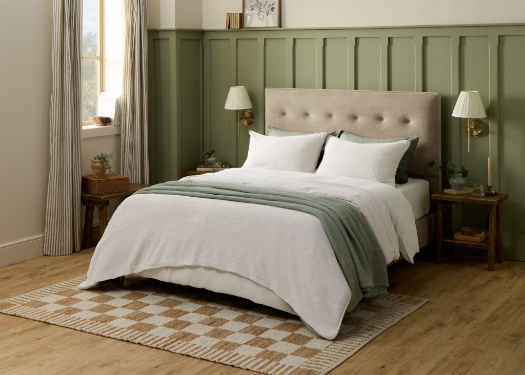 Bedroom styled with Simba Brushed Tencel bedding on an upholstered bed