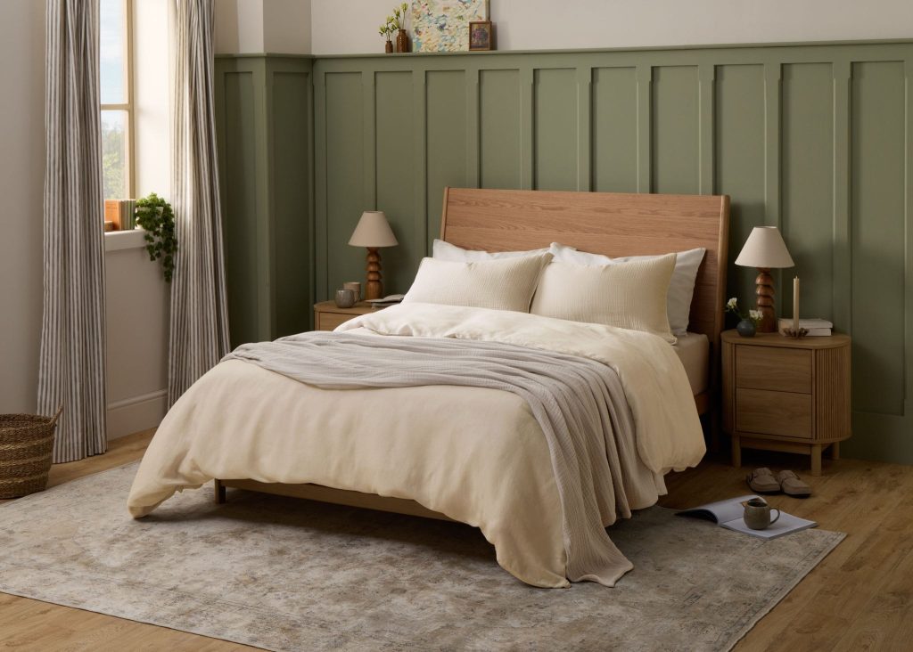 Bedroom styled with Simba Cool Linen bedding on an upholstered bed