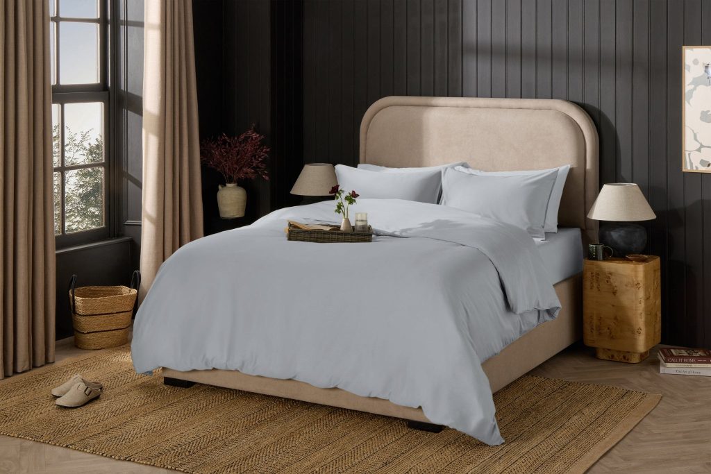 Bedroom styled with Simba Egyptian Cotton bedding on an upholstered bed