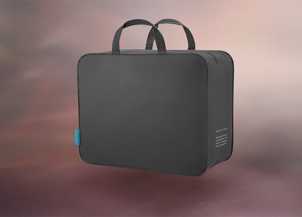 Black reusable storage bag supplied with the Simba Hybrid Duvet