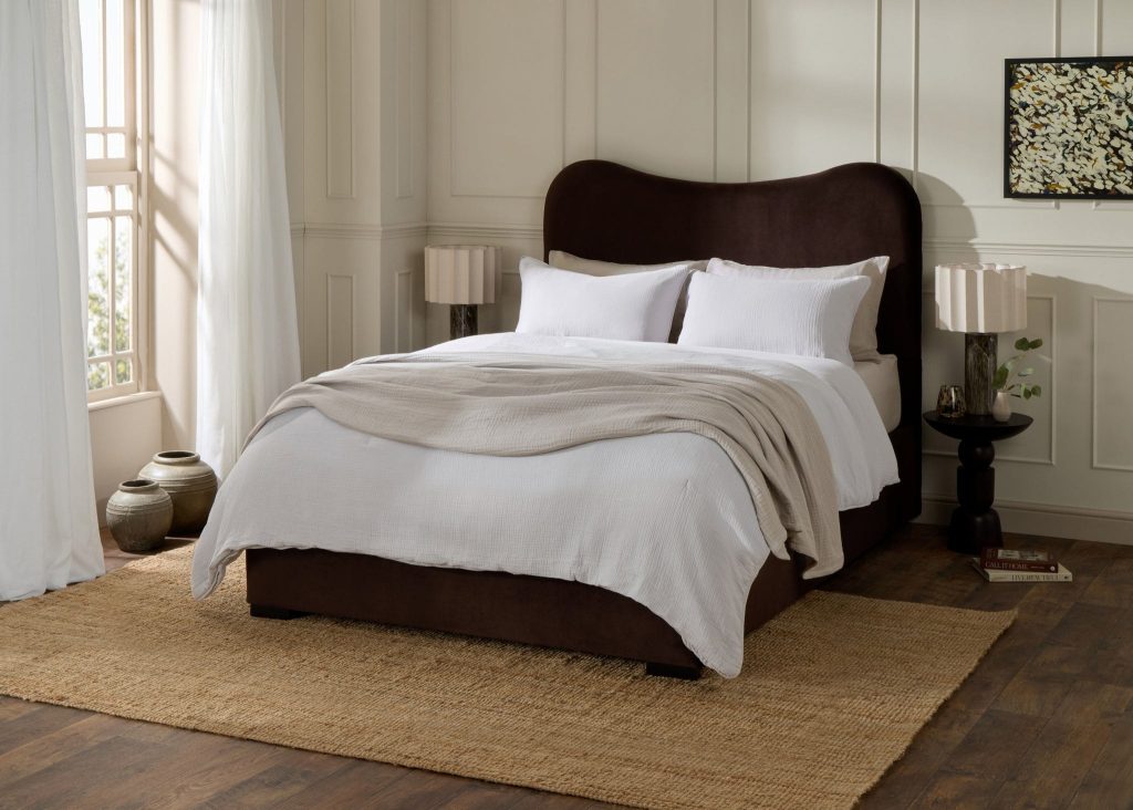 Bedroom styled with Simba Soft Muslin bedding on an upholstered bed