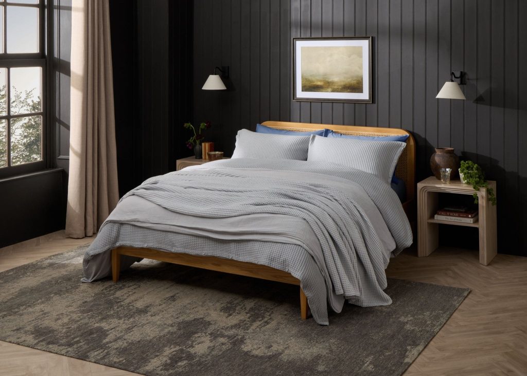 Bedroom styled with Simba Waffle Cotton bedding on an upholstered bed