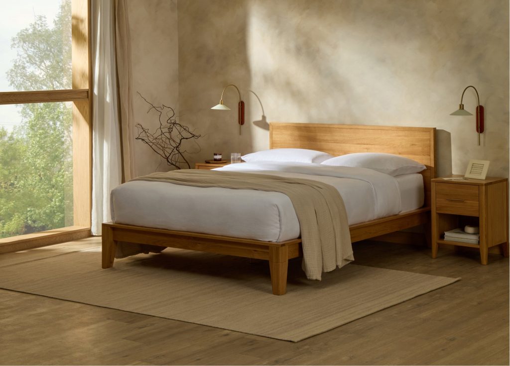 Simba Yasumi Solid Oak Bed with Headboard in a warm minimalist bedroom