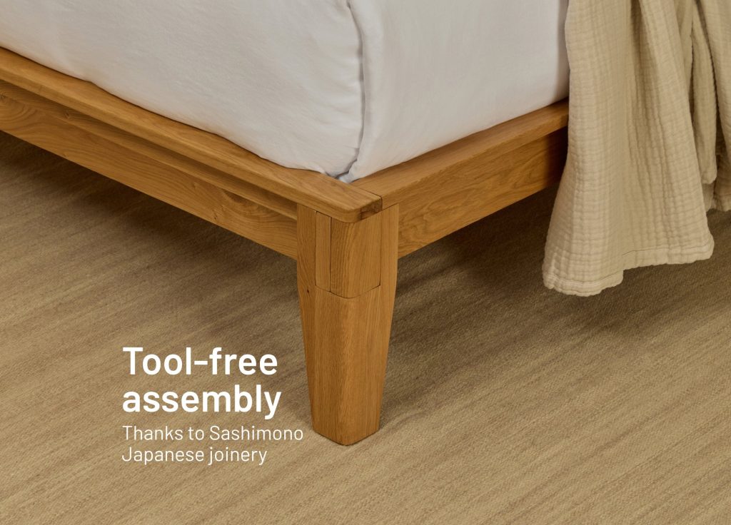 Simba Yasumi oak bed leg with Sashimono joint and tool-free assembly caption