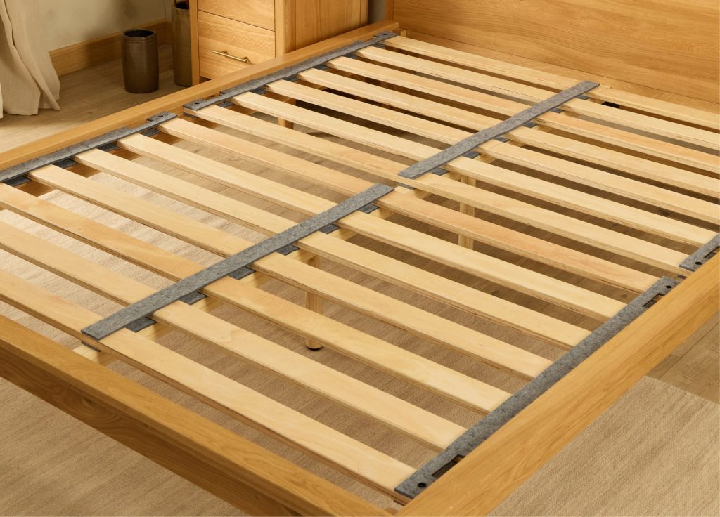 Simba Yasumi Solid Oak Bed, roll-out plywood slats on the oak frame