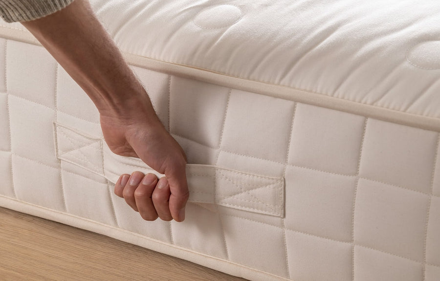 Snoozel Green Organic Mattress, side handle on the quilted cotton border