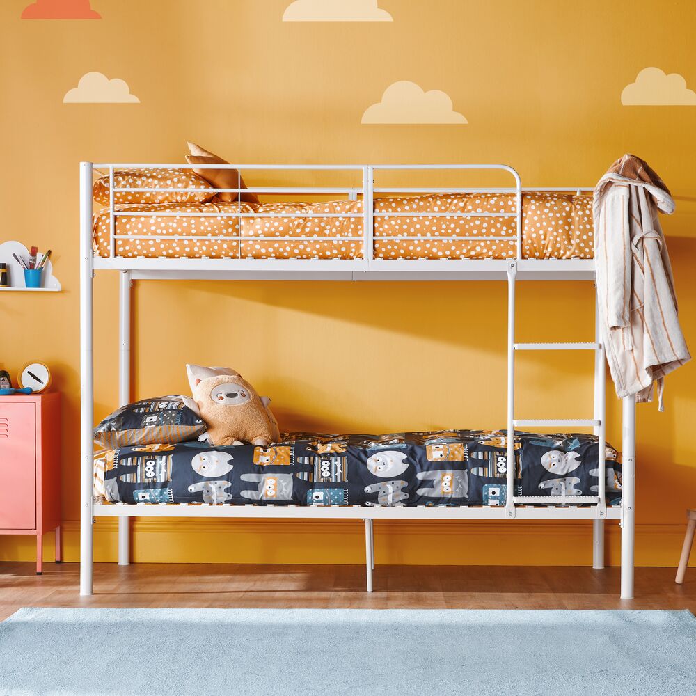 White metal bunk bed in a child’s bedroom with Silentnight Healthy Growth bunk mattresses on both levels
