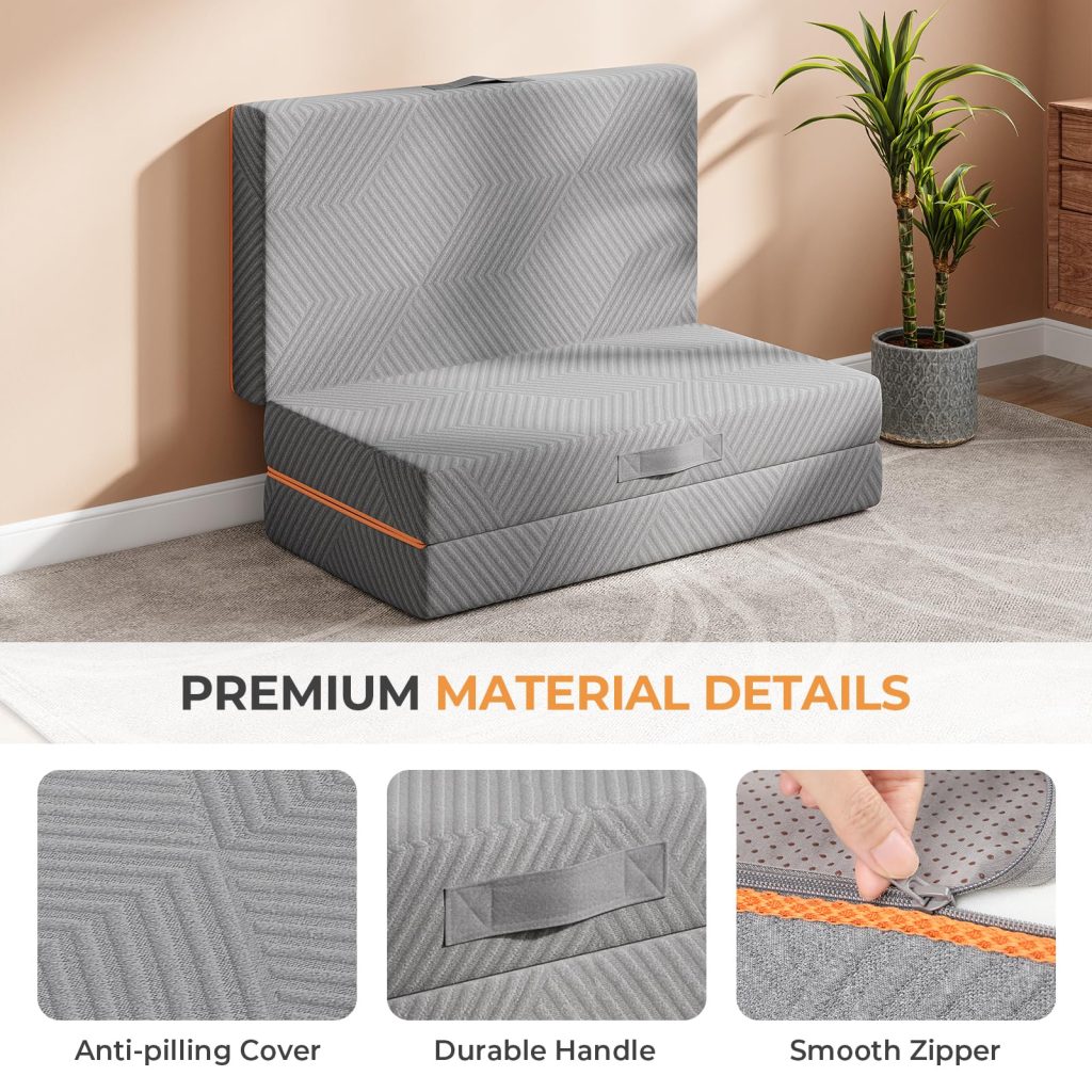 Vesgantti folding mattress folded into a low seat in a living room